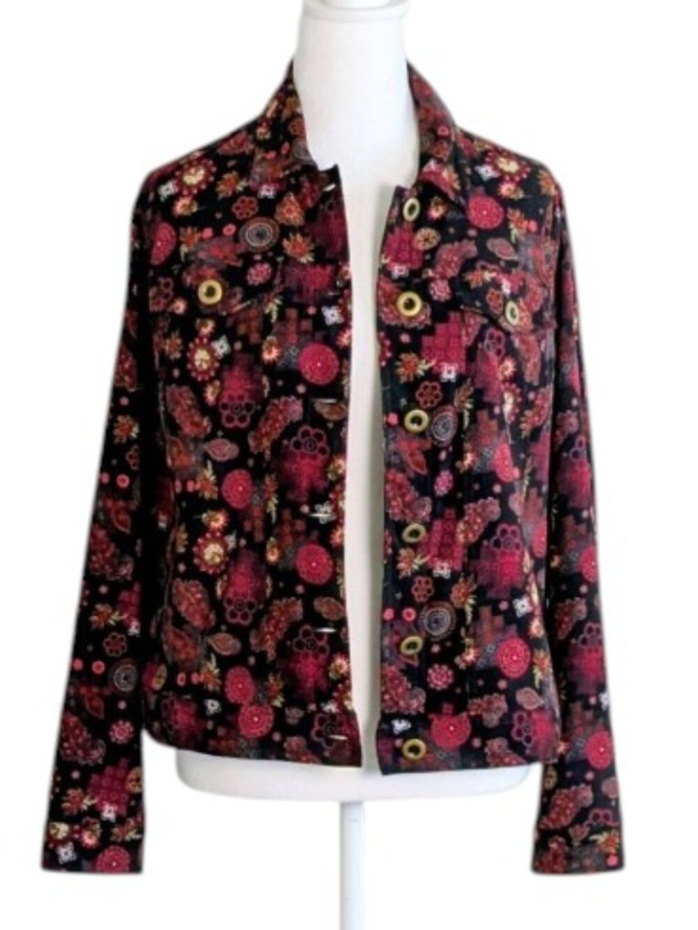 CHRISTOPHER & BANKS Women's Velour Jean Jacket Size S Black Red Print